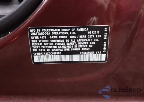 2012 Volkswagen Passat 2.5L Se z USA, uszkodzony, nr VIN 1VWBP7A3XCC055352